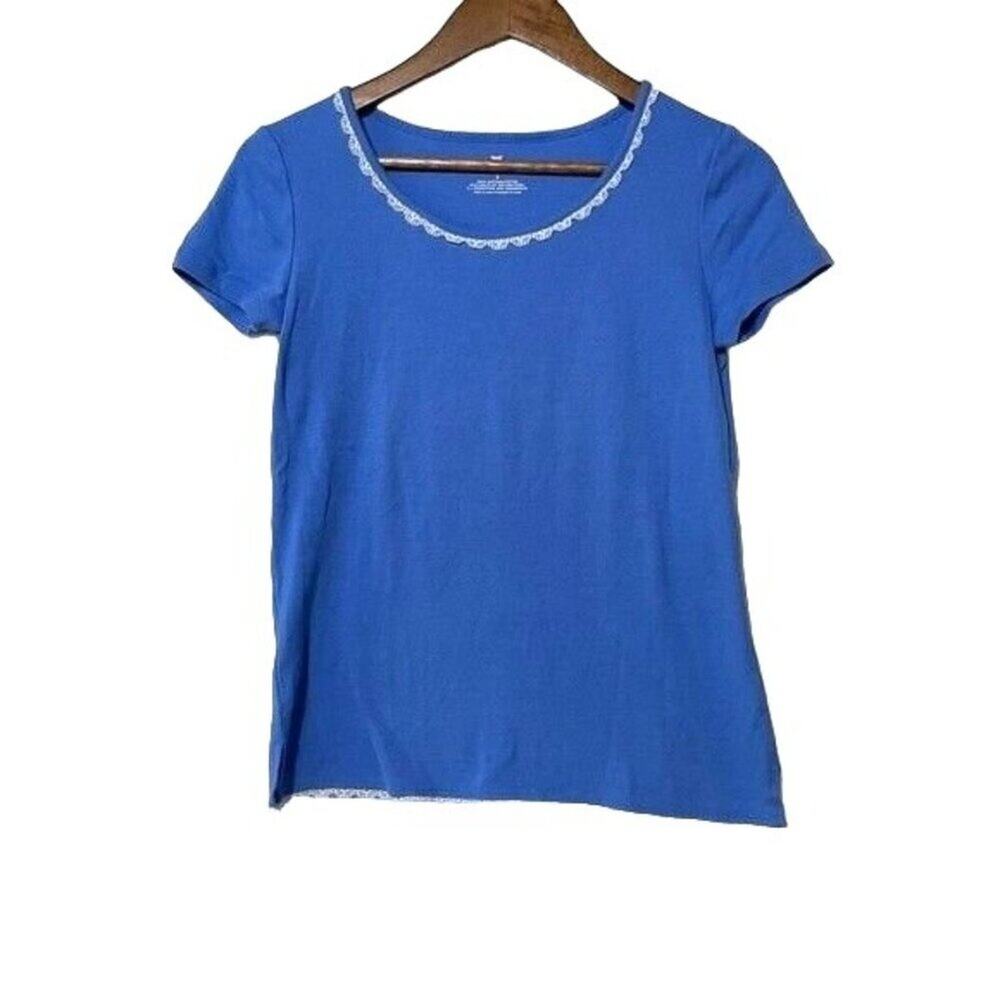 Talbots Shirt Women's Small Short Sleeve Cotton Lace Edging Blue